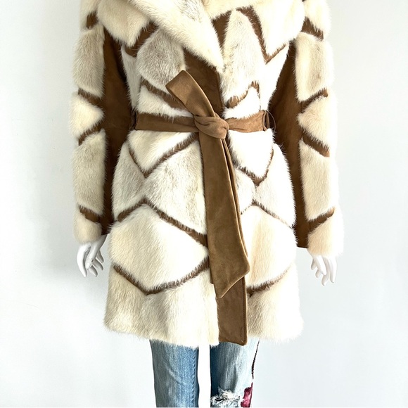 Genuine Geometric Cream w Light Gray Mink Tan Faux Suede Mid Jacket Coat Sz XS-M - Picture 3 of 15